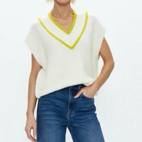 Pistola Sweaters - Pistola Kiran V-Neck Sweater Vest Ecru/Zest Cream/Citron Yellow Boxy Fit Size L